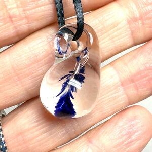 necklace pendant handmade vintage clear glass blue accent black satin 54" cord